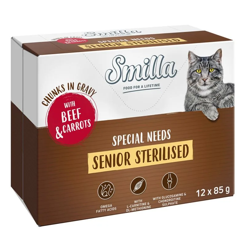 Smilla Senior Sterilised Bocconcini in Salsa con Verdure Busta umido gatto (24 x 85 g Manzo e Carote)