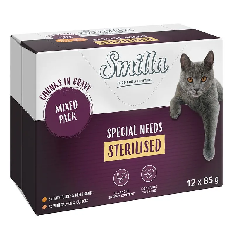 Smilla Sterilized Bocconcini in salsa con verdure (12 x 85 g Mix: 6x Salmone e Carote + 6x Tacchino e Fagiolini)