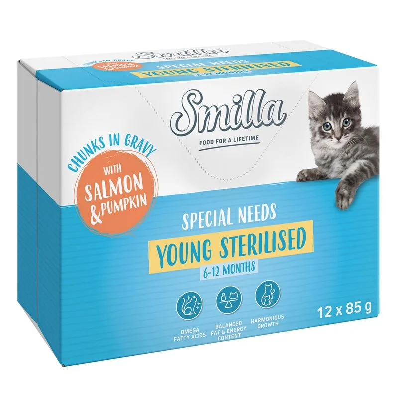 Smilla Young Sterilised Bocconcini in Salsa con Verdure in Busta umido (Set %: 24 x 85 g Salmone e Zucca)