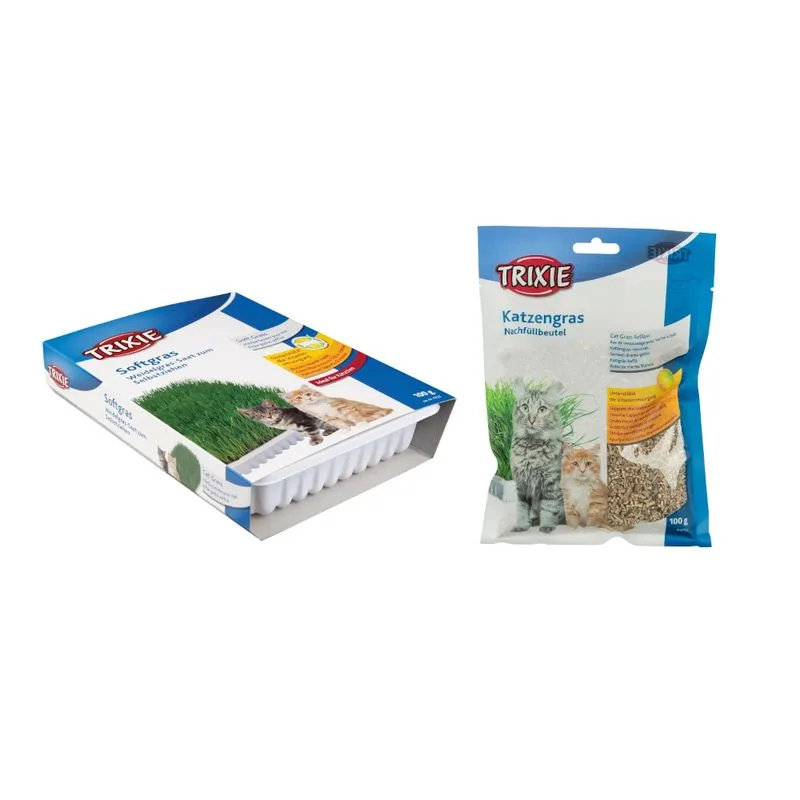 Trixie Erba d’orzo con sementi d’orzo da coltivare in casa (Set %: 100 g Erba d'orzo in vaschetta + 100 g Refill con sementi di erba gatta)