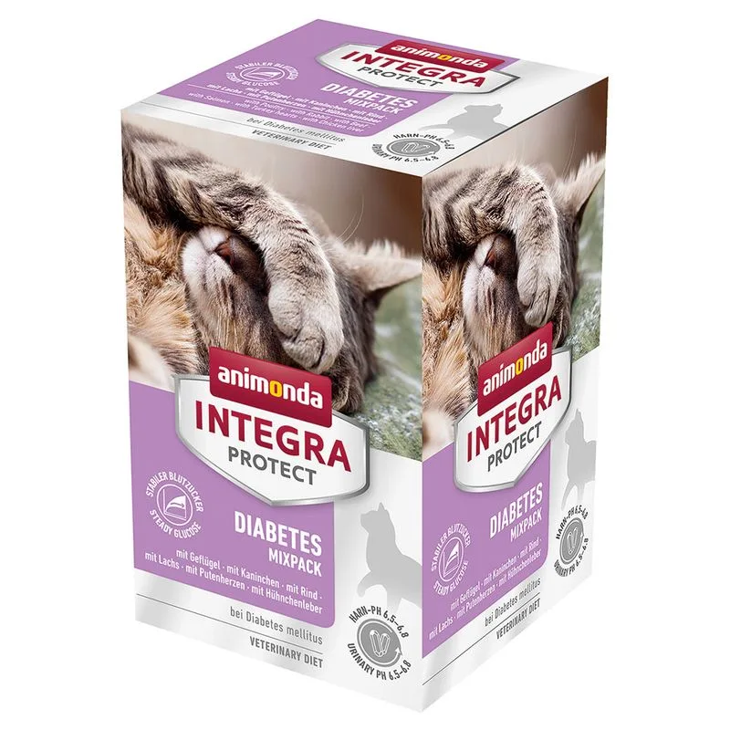 animonda Integra Protect Adult Diabetes Vaschetta umido per gatto (Set %: 24 x 100 g Mix: Pollame, Coniglio, Manzo, Salmone, Cuori di Tacchino, Fegato di Pollo)