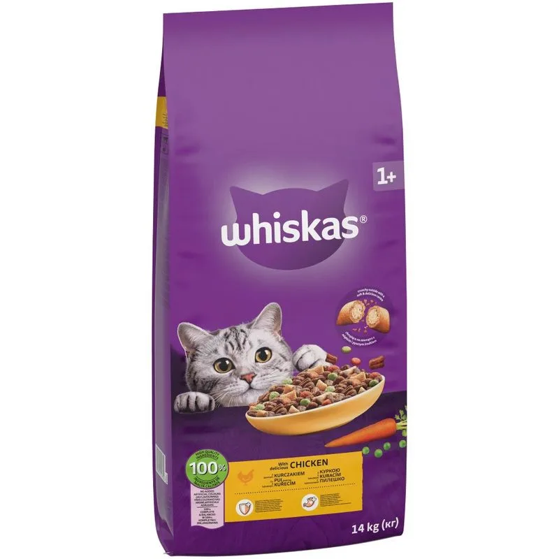 Multipack risparmio! 2 x 14 kg Whiskas Crocchette per gatti (1+ Pollo)