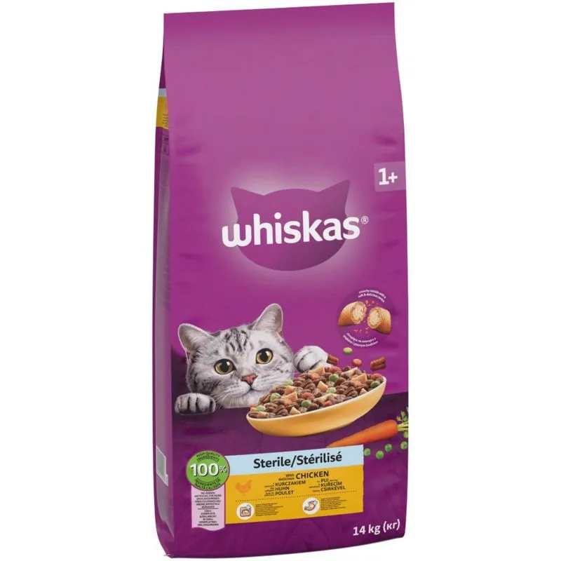 Multipack risparmio! 2 x 14 kg Whiskas Crocchette per gatti (1+ Sterile Pollo)