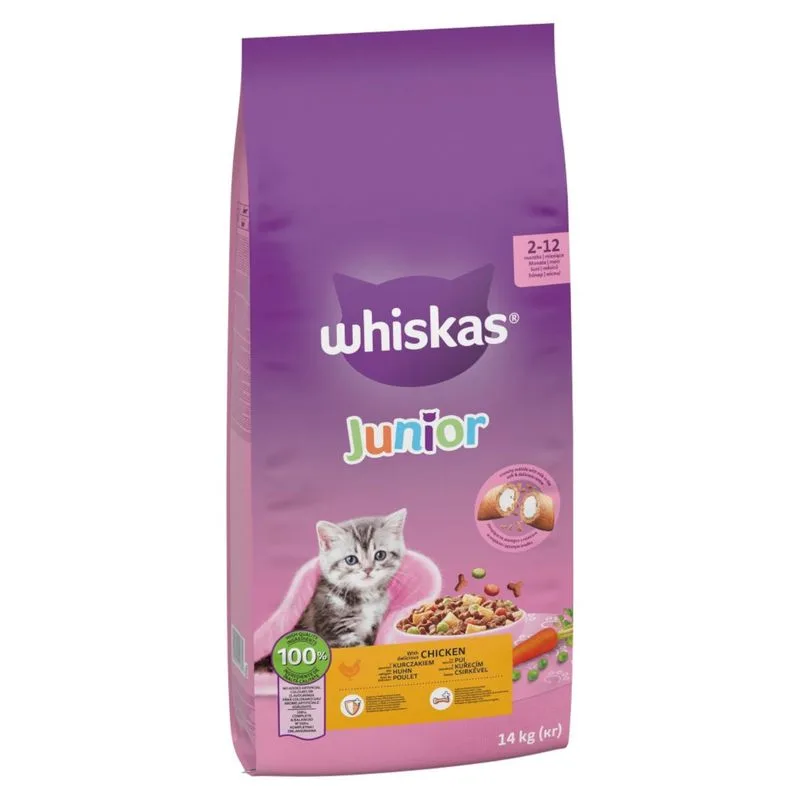 Multipack risparmio! 2 x 14 kg Whiskas Crocchette per gatti (Junior Pollo)
