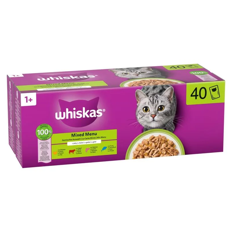 Whiskas 1+ Adult Buste 40 x 85 g (Mix Menù in Gelatina: 10xPollo, 10xManzo, 10xSalmone, 10xTonno)