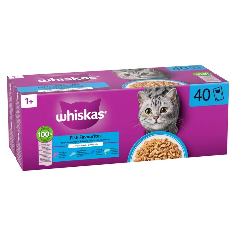 Whiskas 1+ Adult Buste 40 x 85 g (Pesce in Gelatina: 10xSalmone, 10xPesce bianco, 10xTonno, 10xMerluzzo)