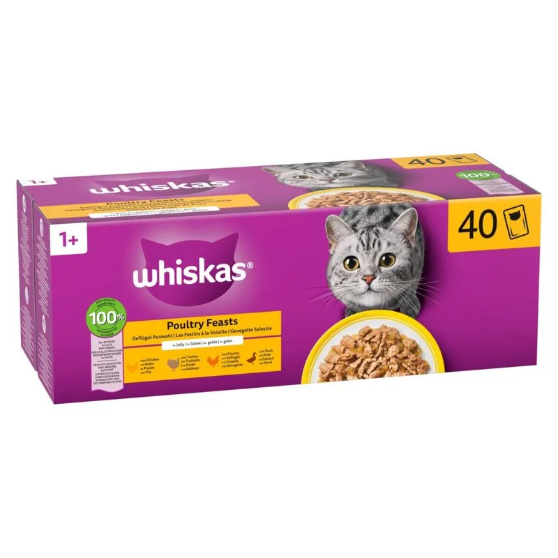 Whiskas 1+ Adult Buste 40 x 85 g (Pollame in Gelatina: 10xPollo, 10xTacchino, 10xPollame, 10xAnatra)