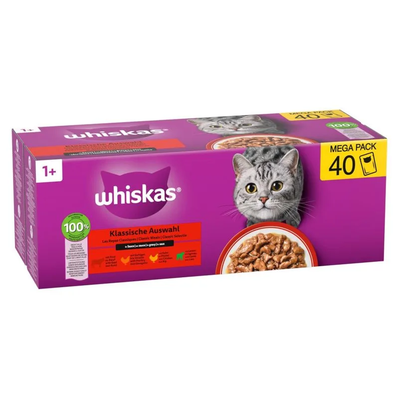 Whiskas 1+ Adult Buste 40 x 85 g (Selezione Classica in Salsa: 10xManzo, 10xPollame, 10xPollo, 10xAgnello)