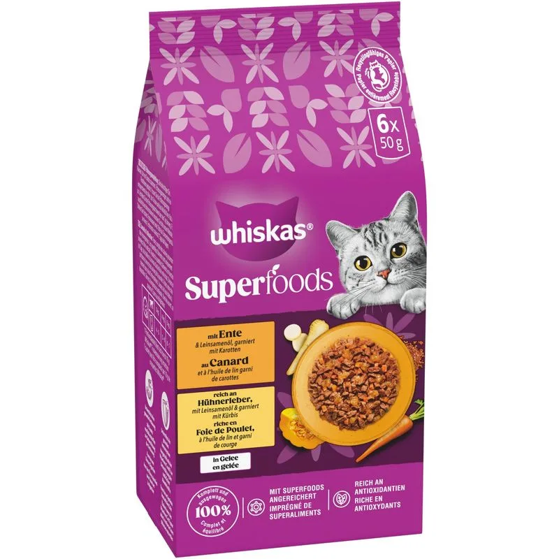 Whiskas 1+ Superfoods Selezione Mista in Gelatina 6 x 50 g (Anatra & Fegato di Pollo)
