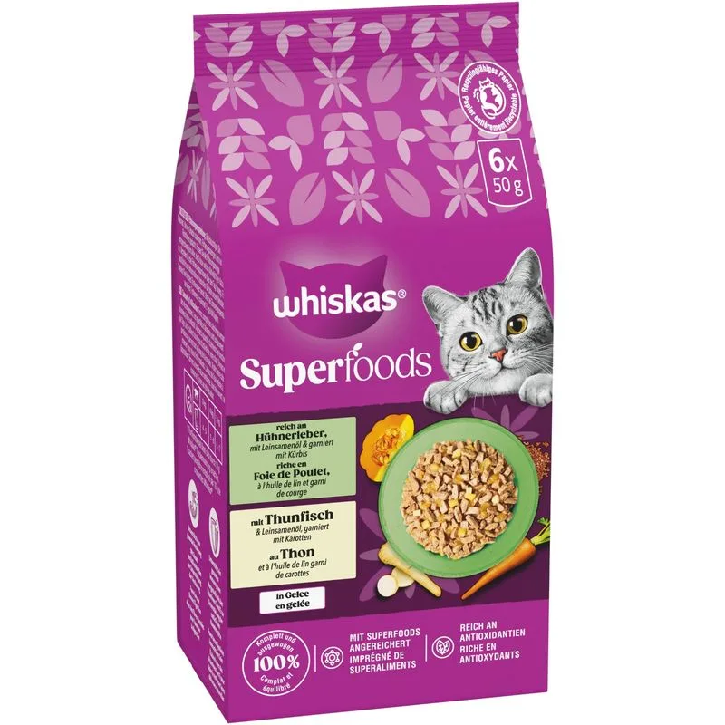 Whiskas 1+ Superfoods Selezione Mista in Gelatina 6 x 50 g (Fegato di Pollo & Tonno)