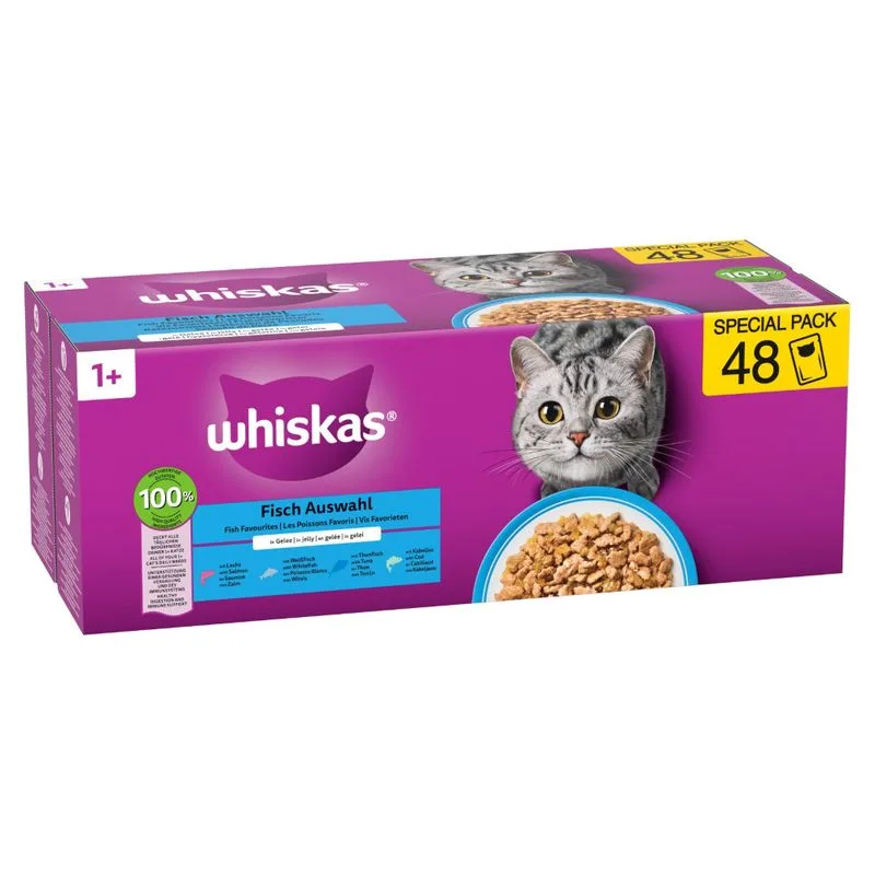 Whiskas 1+ buste 48 x 85 g Alimento umido per gatti (Selezione Pesce in Gelatina)
