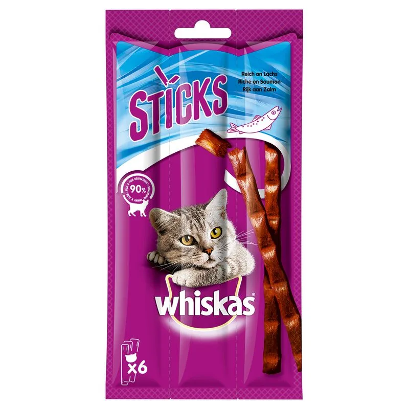 Whiskas Sticks 28 x 36 g Snack per gatto (Ricco di Salmone)