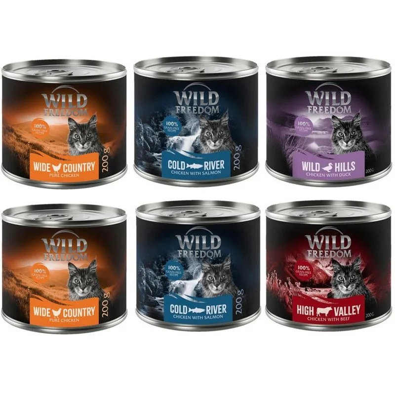 Set prova! Wild Freedom Adult lattine Umido per gatto (6 x 200 g Mix 2: 2 x Pollo, 2 x Salmone, 1 x Manzo, 1 x Anatra)