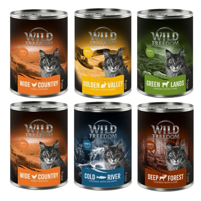 Set prova! Wild Freedom Adult lattine Umido per gatto (6 x 400 g Mix 1: 2 x Pollo, 1 x Selvaggina, 1 x Coniglio, 1 x Agnello, 1 x Merluzzo)
