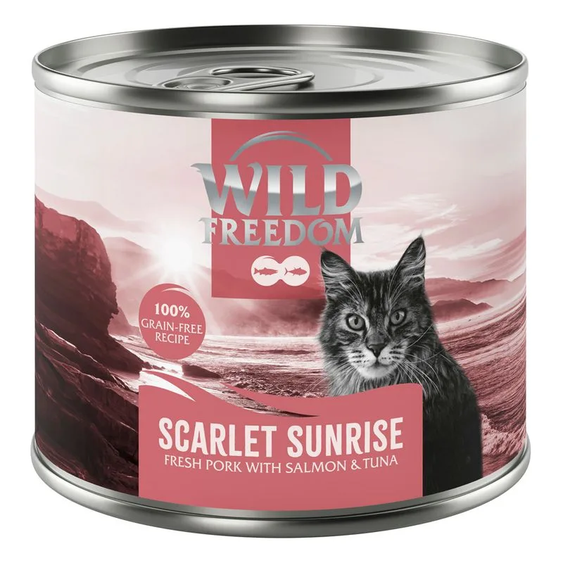 Wild Freedom Adult "Red" 6 x 200 g umido senza cereali per gatto (Scarlet Sunrise - Maiale, Salmone & Tonno)
