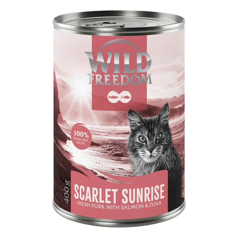Wild Freedom Adult "Red" 6 x 400 g umido senza cereali per gatto (Scarlet Sunrise - Maiale, Salmone & Tonno)