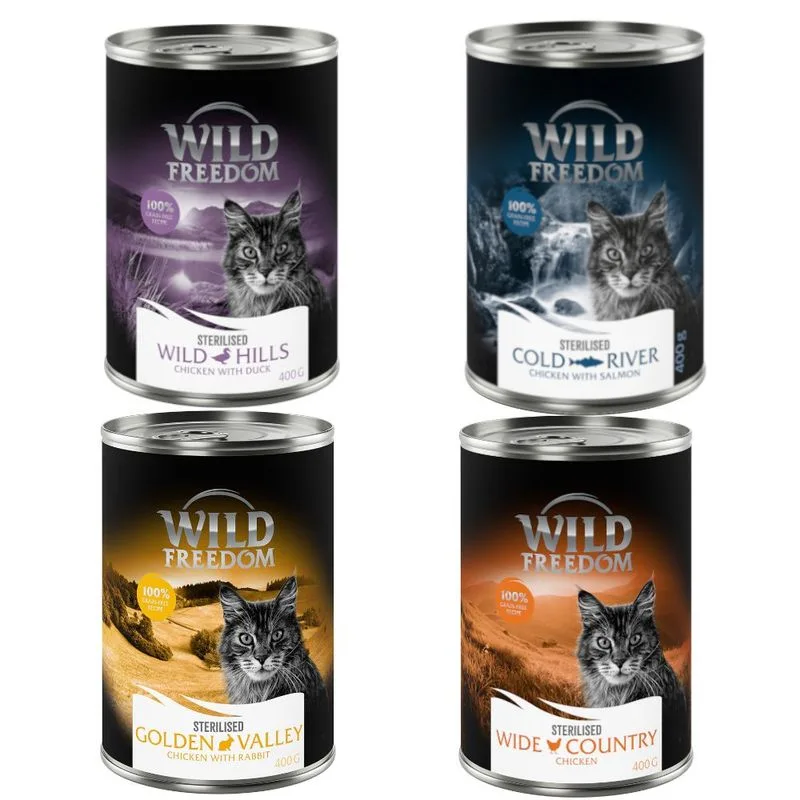 Wild Freedom Adult Sterilised 6 x 400 g - senza cereali (Mix: 2x Wide Country, 2x Cold River, 1x Golden Valley, 1x Wild Hills)