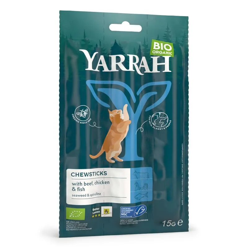 Yarrah Bio Stick da masticare con Manzo Bio, Pollo Bio e Pesce Bio per gatti