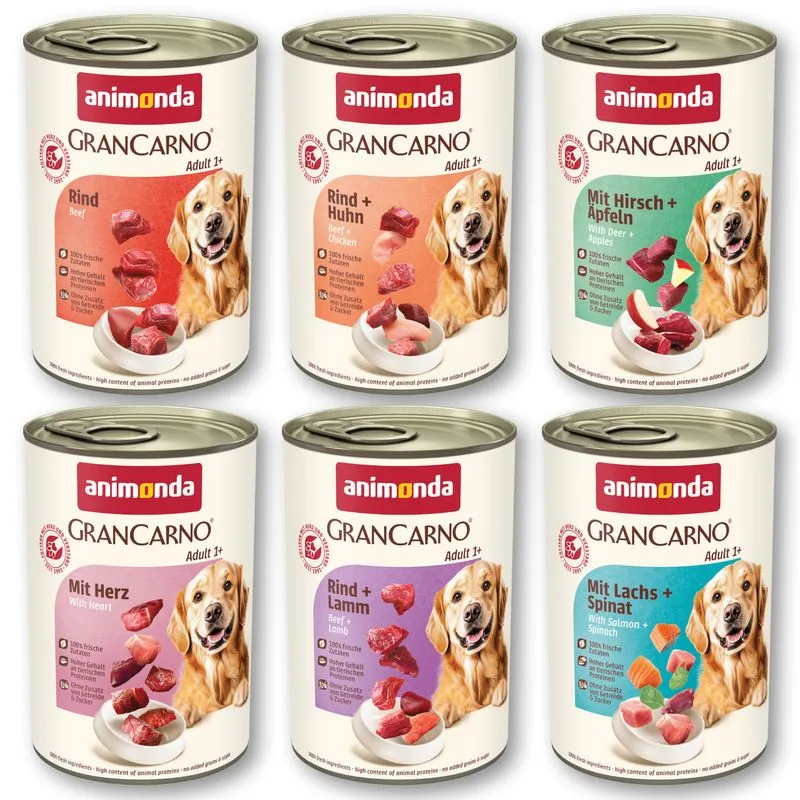 animonda GranCarno Original 12 x 400 g (Selezione Gustosa (2xManzo/2xCuore/2xManzo & Pollo/2xManzo & Agnello/2xCervo con Mela/2xSalmone con Spinaci))