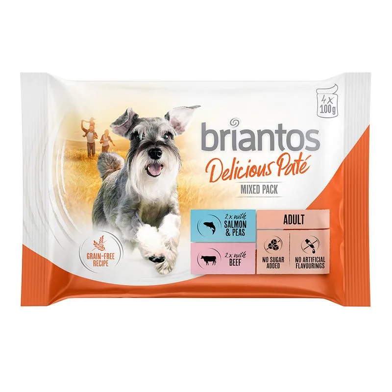 Briantos in buste 4 x 100 g Pacco misto Umido per cane (Delicious Paté (Salmone & Manzo in paté))