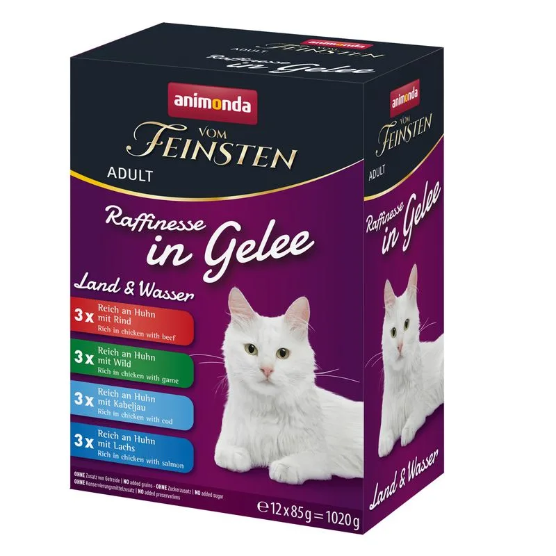 animonda vom Feinsten Adult Raffinesse in Gelatina 12 x 85 g (Mix di Terra e Mare: 3x Manzo, 3x Selvaggina, 3x Merluzzo, 3x Salmone)