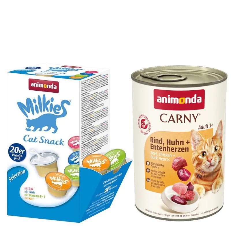 Set misto animonda: 12 x 400 g Carny Adult + 20 x 15 g Milkies Selection (Manzo, Pollo & Cuori di Anatra)