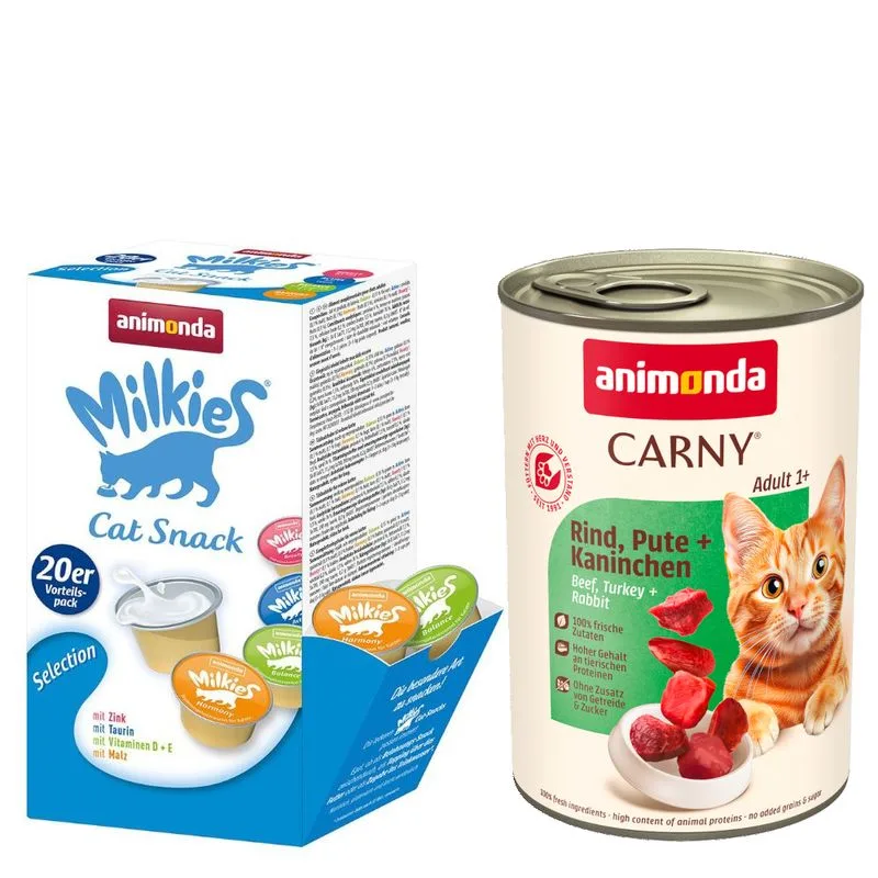 Set misto animonda: 12 x 400 g Carny Adult + 20 x 15 g Milkies Selection (Manzo, Tacchino & Coniglio)