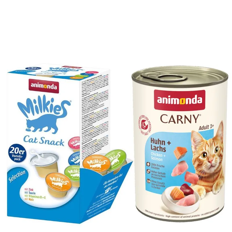 Set misto animonda: 12 x 400 g Carny Adult + 20 x 15 g Milkies Selection (Pollo & Salmone)