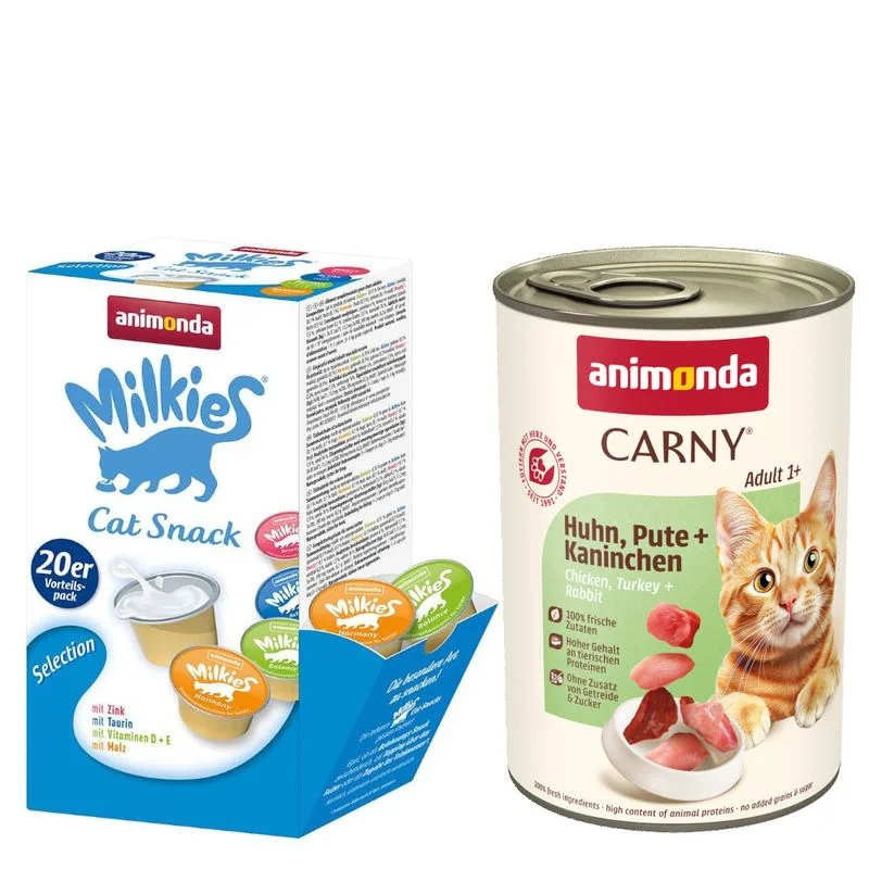Set misto animonda: 12 x 400 g Carny Adult + 20 x 15 g Milkies Selection (Pollo, Tacchino & Coniglio)