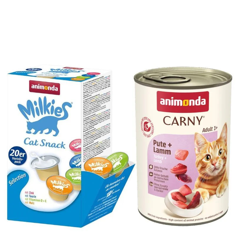 Set misto animonda: 12 x 400 g Carny Adult + 20 x 15 g Milkies Selection (Tacchino & Agnello)