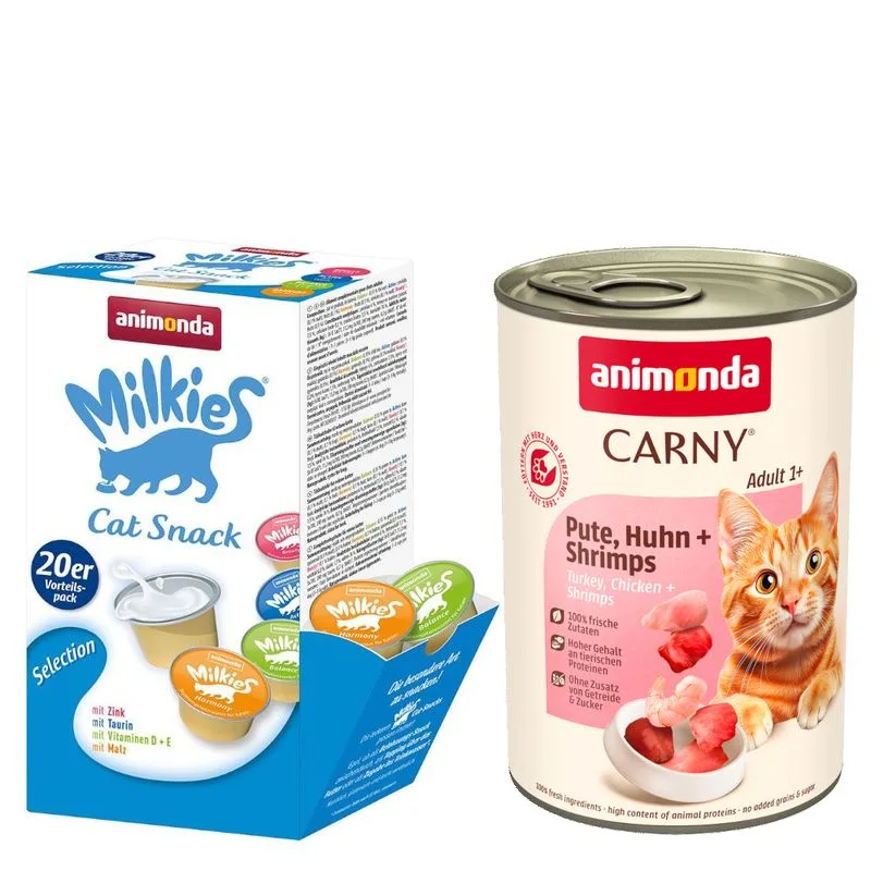 Set misto animonda: 12 x 400 g Carny Adult + 20 x 15 g Milkies Selection (Tacchino, Pollo & Gamberetti)