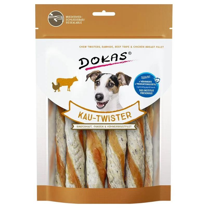 Dokas Twister bastoncini arrotolati Snack per cane (Set %: 4 x 200 g Pelle di manzo, Trippa e Petto di pollo)