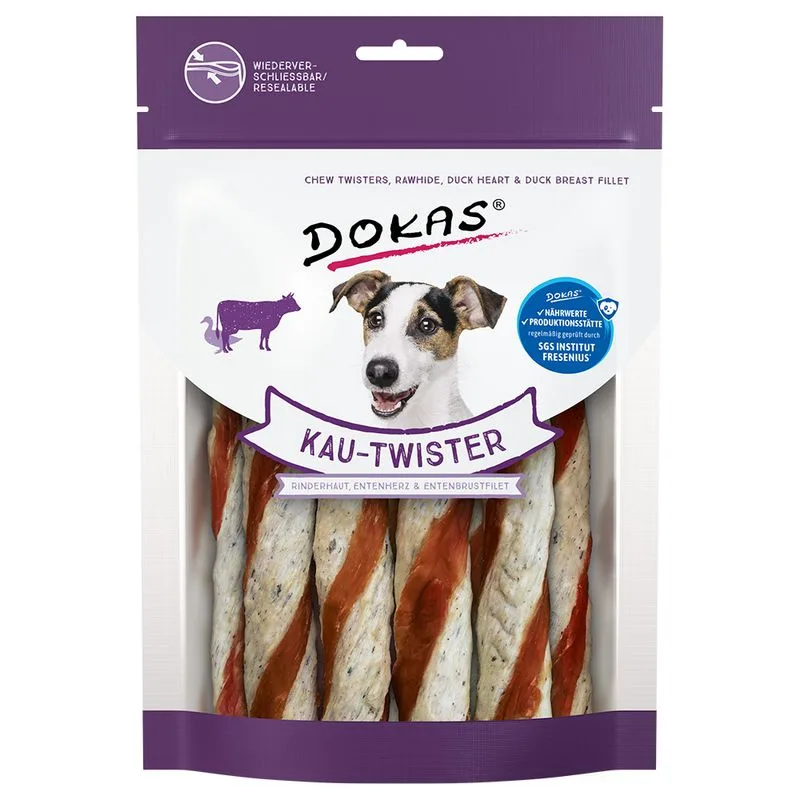 Dokas Twister bastoncini arrotolati Snack per cane (Set %: 4 x 200 g: Pelle di manzo, Cuori d'anatra e Petto d'anatra)