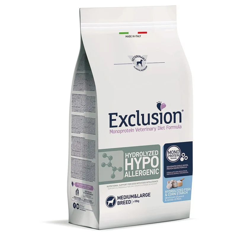 Exclusion Diet Hydrolyzed Hypoallergenic Medium/Large Pesce & Amido di mais (Set %: 2 x 12 kg)