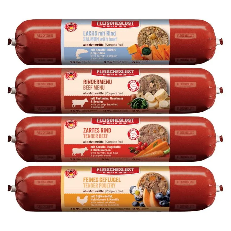 Fleischeslust Classic 16 x 400 g umido cane (Mix II: 4x Pollame, 4x Manzo con pastinaca, 4x Manzo con carote, 4x Salmone con Manzo)