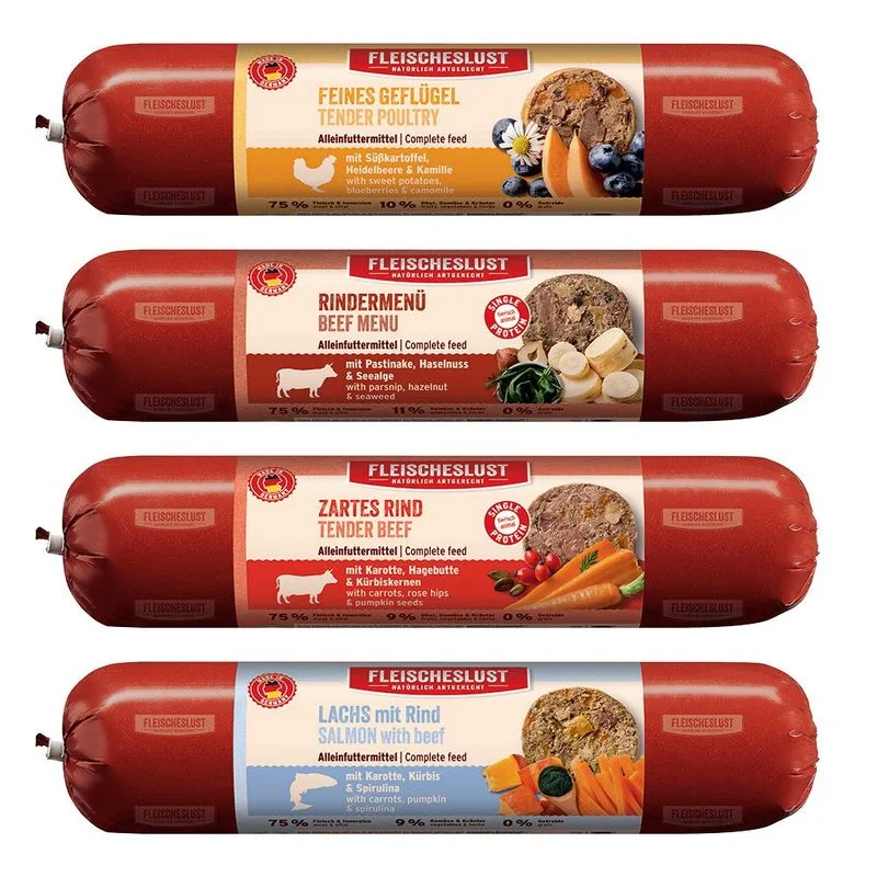 Fleischeslust Classic 6 x 800 g (Mix (4 Varianti): Fine Pollame, Menù di Manzo, Tenero Manzo, Salmone con Manzo)