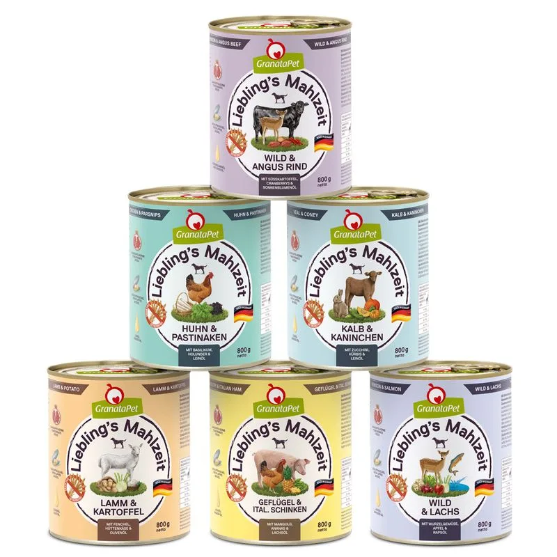 GranataPet Pacco misto 6 x 800 g (Mix 1: Selvaggina (2 varietà), Pollo, Vitello, Agnello, Pollame)