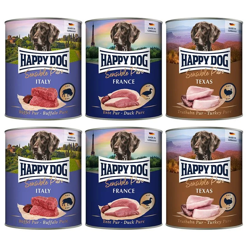 Happy Dog Sensible Pure 6 x 800 g Alimento umido per cani (Mix: Tacchino, Bufalo, Anatra)