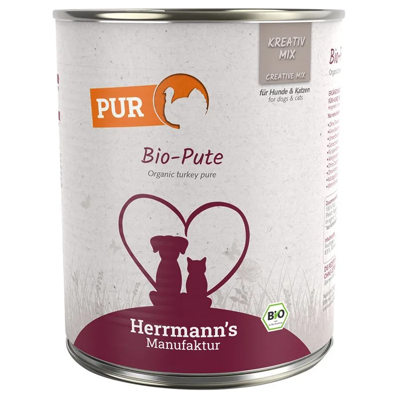 Herrmann's Bio Carne pura / Carne pura Bio 24 x 800 g umido per cani e gatti (Tacchino Bio)