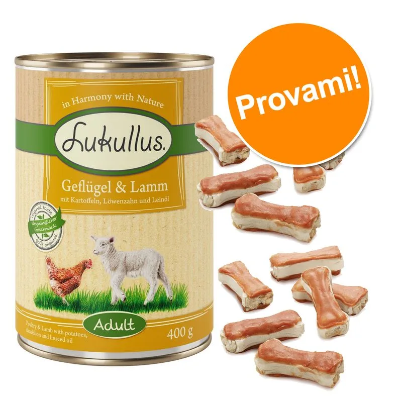 Set prova misto: 6 x 400/800  g Lukullus + 12 Ossi da 5 cm (12 Ossi + 6 x 800 g Cuori di Tacchino & Oca)