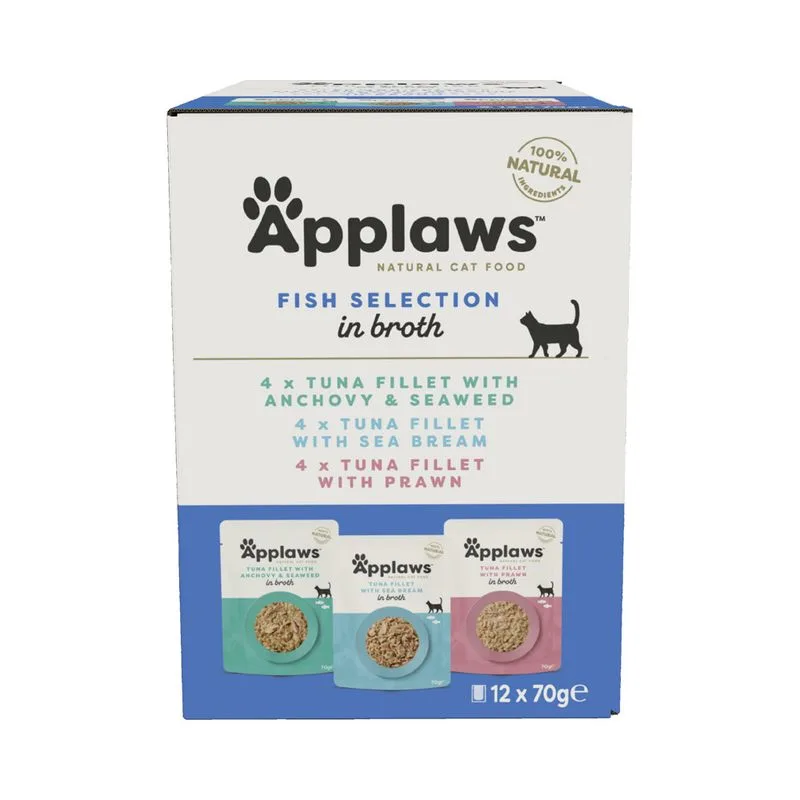 Set prova! Applaws Buste in Brodo 12 x 70 g (Selezione Pesce (Tonno): con Acciughe, con Gamberetti, con Abramide)