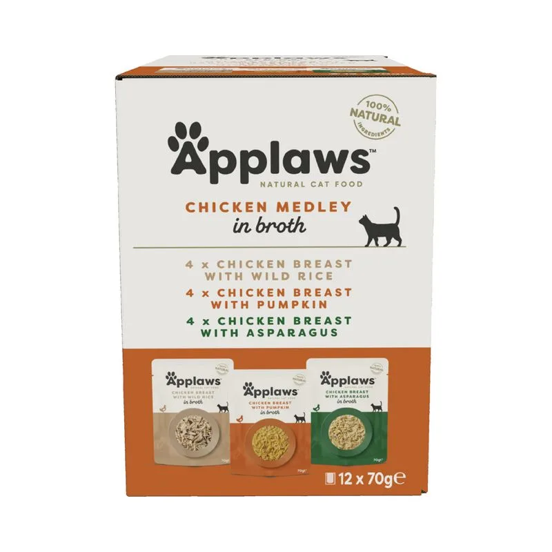 Set prova! Applaws Buste in Brodo 12 x 70 g (Selezione Pollo: con Riso selvatico, con Zucca, con Asparagi)