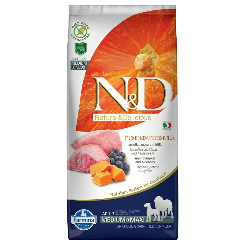 Farmina N&D Grain Free Pumpkin Adult Medium/Maxi Agnello, Zucca e Mirtillo (Set % 2 x 12 kg)