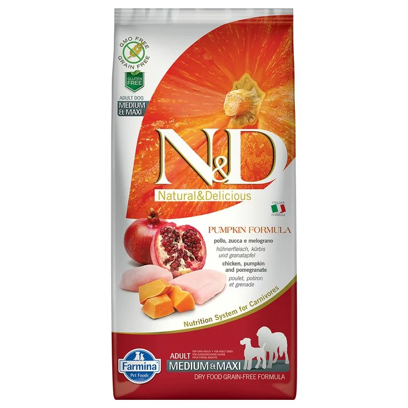 Farmina N&D Grain Free Pumpkin Adult Medium/Maxi Pollo, Zucca e Melograno (Set %: 2 x 12 kg)