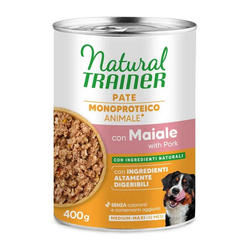 Natural Trainer Pate Monoproteico Medium & Maxi Adult (24 x 400 g Maiale & Cereali integrali)