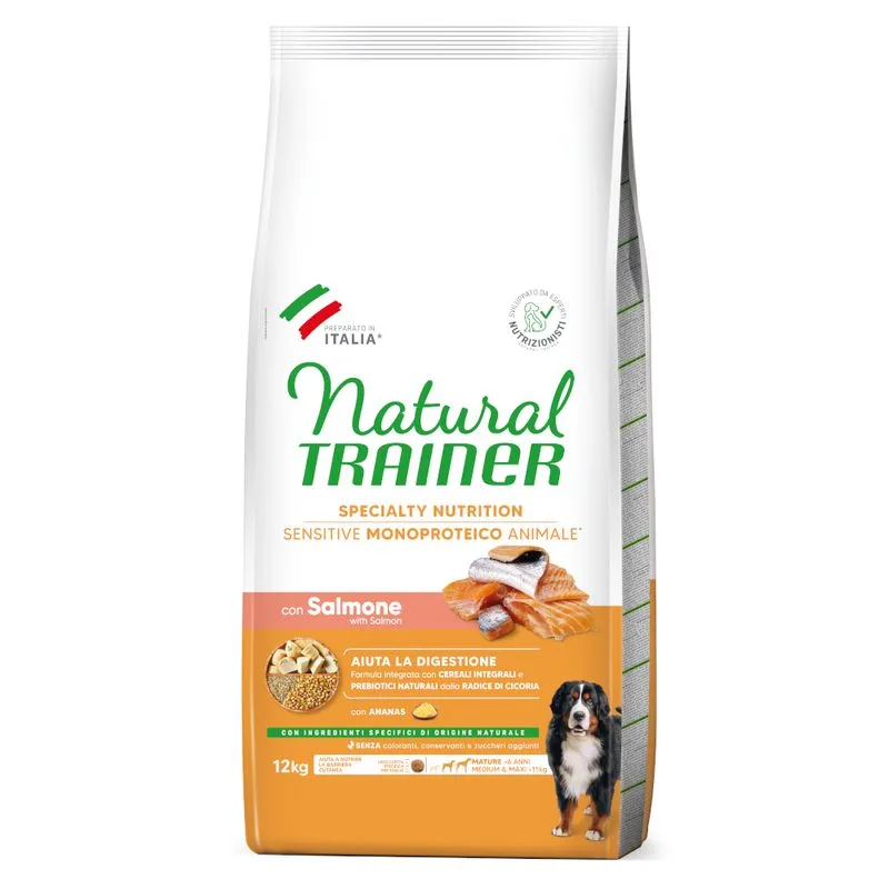 Natural Trainer Sensitive No Gluten Medium/Maxi Mature con Salmone (Set %: 2 x 12 kg)