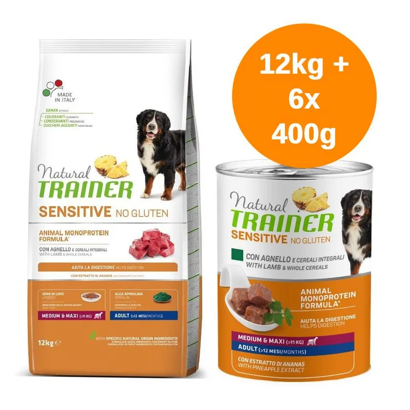 Set prova misto! Natural Trainer Sensitive No Gluten Adult secco (12 kg) + umido (6 x 400 g) (12 kg crocchette Medium/Maxi con Maiale + 6 x 400 g umido con Maiale & Cereali integrali)