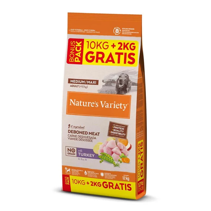 Nature's Variety No Grain Medium/Maxi Adult Tacchino (Set %: 2 x (10 kg + 2 kg gratis))
