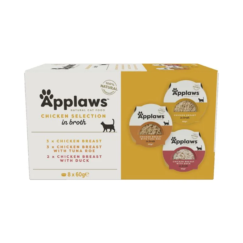 Set prova! Applaws Cat Pot 8 x 60 g (Selezione Pollo: con Anatra + con Uova di Tonno + con Riso)
