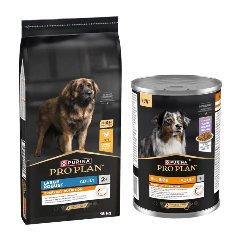16 kg PURINA PRO PLAN Adult + 12 x 400 g alimento umido gratis! (Large Robust Everyday Nutrition + All Size Adult Everyday Nutrition in Gelatina Tacchino)
